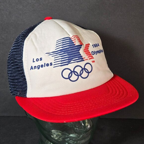 Vintage 1984 Los Angeles Olympics Mesh Trucker Hat Red White Blue Snapback - Picture 1 of 12